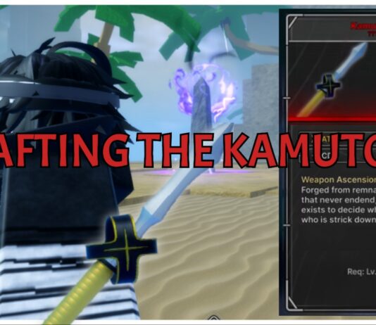 How To Craft Kamutoke in Jujutsu Zero: Full Questline Guide! Feature image for our how to craft kamutoke in jujutsu zero showing a player rushing towards a pillar at the beach. The camera is picturing the player feom behind with the kamatoke in their hands and its item desc on the right side.