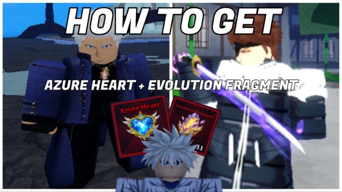 how-to-get-azure-heart-and-evolution-fragments-in-sailor-piece Feature image for our how to get azure heart and evolution fragments in sailor piece guide showing two bosses behind a collage of the items needed and article title with a png of the ascensions npc from shoulders up at the bottom