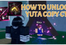 How To Get Yuta Copy CT in Jujutsu Zero – Including Secret Questline! Feature image for our how to get yuta copy ct in jujustsu zero guide showing the back of a player as they approach past rika. In the top left is the icon for the yuta ct and the yuta ct upgrade. In the top right in bold yellow it reads HOW TO UNLOCK YUTA COPY CT