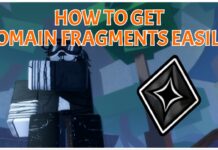 Jujutsu Zero Domain Fragment – All Crates and Chances! Feature image for our jujutsu zero domain fragment guide, showing a player with one arm reaching for their shoulder. On the right is a png of the DF. At the top in orange it reads how to get domain fragments easily.