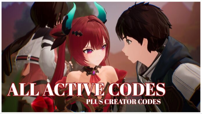 Feature image for our mongil star dive codes guide showing flare speaking to a boy with brown hair. Over the illustration is ALL ACTIVE CODES written in white with PLUS CREATOR CODES below