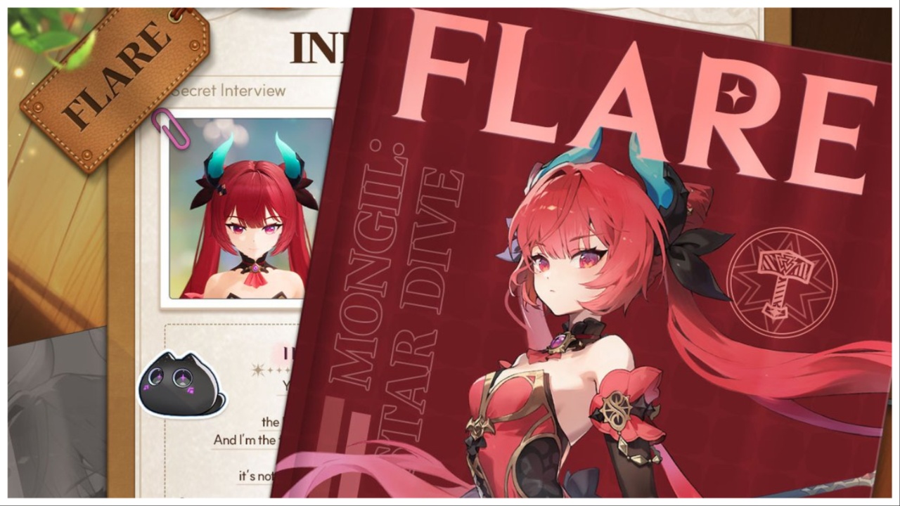 image shows a character profile card for the Flare unit. A woman with primarily red features, including her long red hair and blue horns.