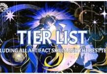 Neo Artifacts Tier List: Ranked Including Skills! Feature image for our neo artifacts tier list showing starry night resting on top of a crescent moon with gorgeous hues of purple and yellow framing the night sky. In front of the illustration it reads TIER LIST INCLUDING ALL ARTIFACT SKILLS AND BEST TEAM in white capital letters.