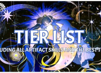 Neo Artifacts Tier List: Ranked Including Skills! Feature image for our neo artifacts tier list showing starry night resting on top of a crescent moon with gorgeous hues of purple and yellow framing the night sky. In front of the illustration it reads TIER LIST INCLUDING ALL ARTIFACT SKILLS AND BEST TEAM in white capital letters.