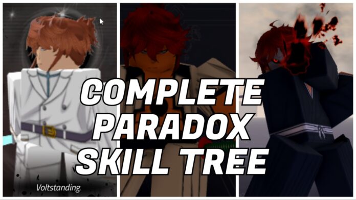 paradox-skill-tree Feature image for our paradox skill tree guide showing a quincy, an arrancar, and a soul reaper in a three way collage. On the front in bold white it reads COMPLETE PARADOX SKILL TREE