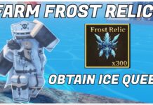 How To Farm The Sailor Piece Frost Relic: Obtain Ice Queen! Feature image for our sailor piece frost relic guide showing the ice queen npc on the left and the item from the inventory on the right. Around it it reads FARM FROST RELICS OBTAIN ICE QUEEN in bold white.