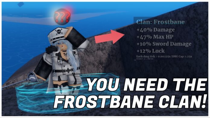sailor-piece-frostbane-clan Feature image for our sailor piece frostbane clan guide showing the ice queen mastery npc with an arrow pointing to the clan stats and white text reading YOU NEED THE FROSTBANE CLAN! in bold white