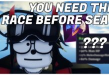 Why You Need To Get The Sailor Piece Luckborn Race Before Sea 2! Feature image for our Sailor Piece Luckborn race guide showing a player up close with a race reroll item and a blurred version of the race stats on the right with YOU NEED THIS RACE BEFORE SEA 2 written in bold white.