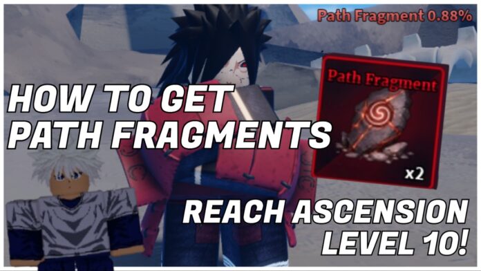 sailor-piece-path-fragment Feature image for our sailor piece path fragment guide showing the strongest shinobi boss with his arms folded. Next to him is the path fragment item below a cut-off of his drops including the name of the item. On the left is the ascensions npc, and the article title is written in white framing the npc