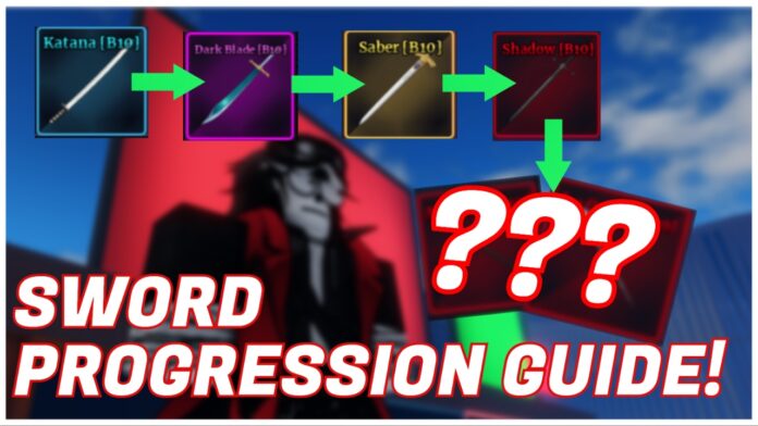 Feature image for our sailor piece sword progression guide showing a player blurred out with a line of swords in order of rarity with the final two blurred and obscured behind three ??? marks