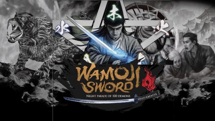 featured image for our news on WamojiSword. It shows a person dressed like a Samurai, a couple dressed in 19th century Japanese attire and a dinosaur-like monster.