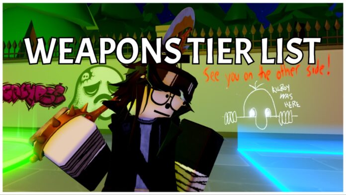 anime-apocalypse-weapons-tier-list Feature image for our anime apocalypse weapons tier list showing a player standing before a concrete wall with graffiti holding prides weapon from seven deadly sins. Over their head it reads WEAPONS TIER LIST in bold white.