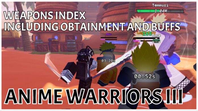 anime-warriors-iii-weapons Feature image for our anime warriors iii weapons guide showing a player and their units slashing at an enemy from the sand island. The title is written in bold black and white across the battle scene.