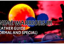 Anime Warriors 3 Weather Guide – Normal and Special Forecasts Feature image for our anime warriors iii weather guide showing the eclipse weather in effect from planet namek. A large yellow and red moon rises from behind darkeneed trees and cliffs among a brilliant red and black night sky. In front of the image is the article title in bold black and white.