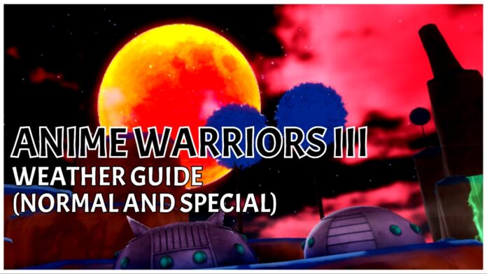 anime-warriors-iii-weather-guide Feature image for our anime warriors iii weather guide showing the eclipse weather in effect from planet namek. A large yellow and red moon rises from behind darkeneed trees and cliffs among a brilliant red and black night sky. In front of the image is the article title in bold black and white.