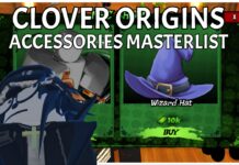 Clover Origins Accessories Masterlist – Complete Wiki Index Feature image for our clover origins accessories masterlist showing the first shop with the wizard hat for sale and a player in the bottom left wearing the cross necklace. The article title is written in bold white in the top centre of the image
