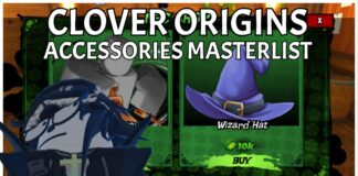 Clover Origins Accessories Masterlist – Complete Wiki Index Feature image for our clover origins accessories masterlist showing the first shop with the wizard hat for sale and a player in the bottom left wearing the cross necklace. The article title is written in bold white in the top centre of the image