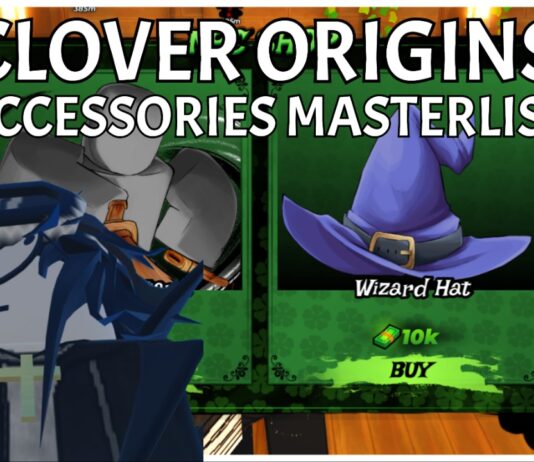 Clover Origins Accessories Masterlist – Complete Wiki Index Feature image for our clover origins accessories masterlist showing the first shop with the wizard hat for sale and a player in the bottom left wearing the cross necklace. The article title is written in bold white in the top centre of the image