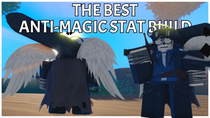 Feature image for our clover origins anti magic stats guide, showing a player from the back and front with anti-magic equipped, donning them with a heavy and wide sword over their shoulder.