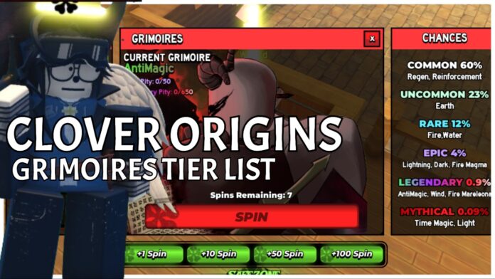clover-origins-grimoire-tier-list Feature image for our clover origins grimoire tier list showing the reroll screen landed on anti-magic, and a player on the left holding the anti-magic in their hand.