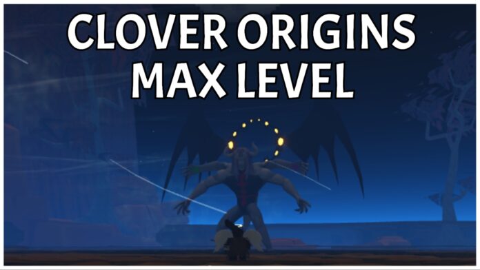 clover-origins-max-level Feature image for our clover origins max level guide showing the back of a player as they look onto the litch raid boss in the distance, standing menacingly in the centre of his spawn ring. The surrounding arena is tinted a deep blue, and the article title contrasts this in the top centre being in bold white.
