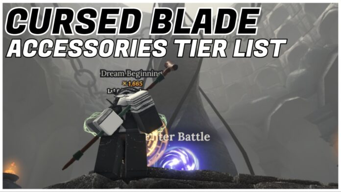 cursed-blade-accessories-tier-list Feature image for our Cursed Blade Accessotries tier list showing a player looking up and holding a staff as they are surrounded by tall grey walls. The article title is written in bold black and white above them