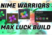 How to Get Max Luck in Anime Warriors 3 Feature image for our how to get max luck in anime warriors 3 guide showing three lucky clovers in different colours and a luck quest, with each add on framed by the article title in bold black and white. The background is a blurred image of a player and their units battling at sky island