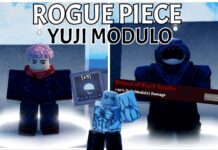 How To Unlock Yuji Modulo in Rogue Piece – UPD CODES INCLUDED! Feature image for our how to unlock yuji modulo in rogue piece guide showing a split image of yuji trainer npc and yuji modulo npc. In the centre at the bottom is some item pngs necessary for their attainments and the cursed spirit NPC