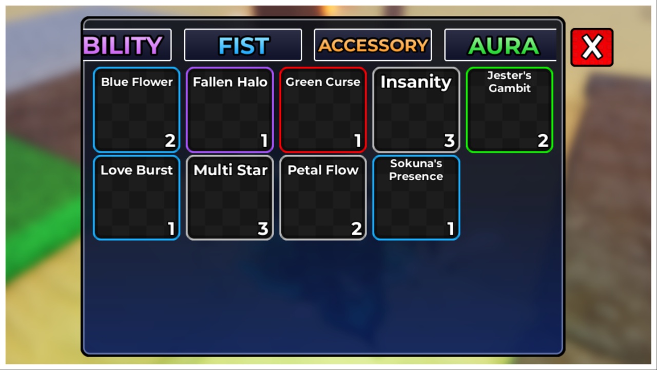image shows the pirate piece auras from inside a players inventory