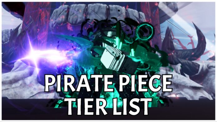Feature image for our pirate piece tier list showing a player in front of sukunas domain of teeth with their slime sword in hand, and the cursed aura emitting from their body.