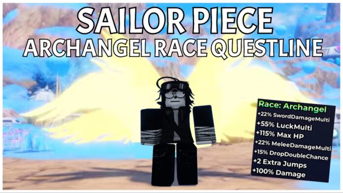 Feature image for our sailor piece archangel race questline, showing a player with the archangel wings sranding on blue planet. Over the front of the image is the article title in bold white, and the archangel buffs in the bottom right.