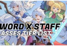 Sword x Staff Classes Tier List Feature image for our sword x staff classes tier list showing an arraw of characters holding either a sword or staff as they smile to the viewer. The article title in written in bold black and white over the image
