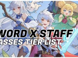 Sword x Staff Classes Tier List Feature image for our sword x staff classes tier list showing an arraw of characters holding either a sword or staff as they smile to the viewer. The article title in written in bold black and white over the image