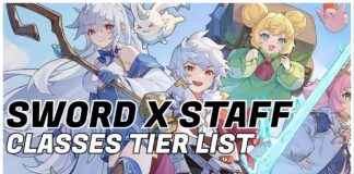 Sword x Staff Classes Tier List Feature image for our sword x staff classes tier list showing an arraw of characters holding either a sword or staff as they smile to the viewer. The article title in written in bold black and white over the image