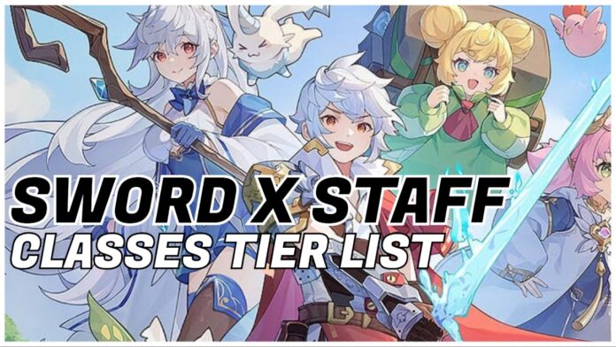 Feature image for our sword x staff classes tier list showing an arraw of characters holding either a sword or staff as they smile to the viewer. The article title in written in bold black and white over the image