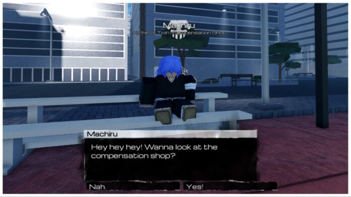 Feature image for our Type Soul compensation shop guide showing the blue-haired npc sat in the basketball bleachers speaking to the player, asking if they want to browse the store.