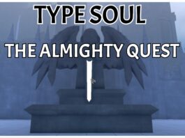 Completing The Type Soul The Almighty Quest Feature image for our type soul the almighty quest guide showing a stone statue with wings and a glowing blade pointing downwards. Over the image is the article title in bold lettering.