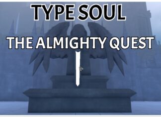 Completing The Type Soul The Almighty Quest Feature image for our type soul the almighty quest guide showing a stone statue with wings and a glowing blade pointing downwards. Over the image is the article title in bold lettering.