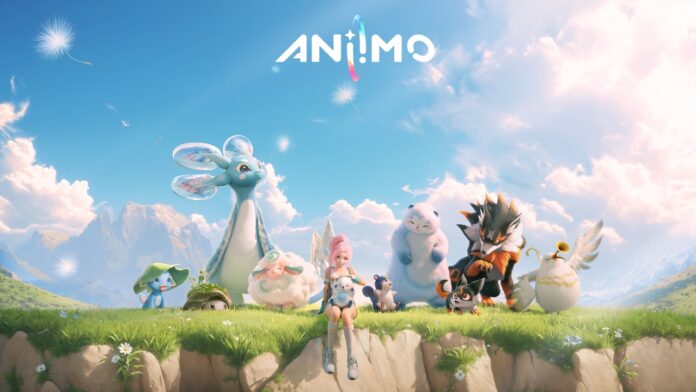 Aniimo closed beta test featured image for our news on Aniimo closed beta test. It shows a human female and six mythical creatures from the game sitting together on the edge of a mount.