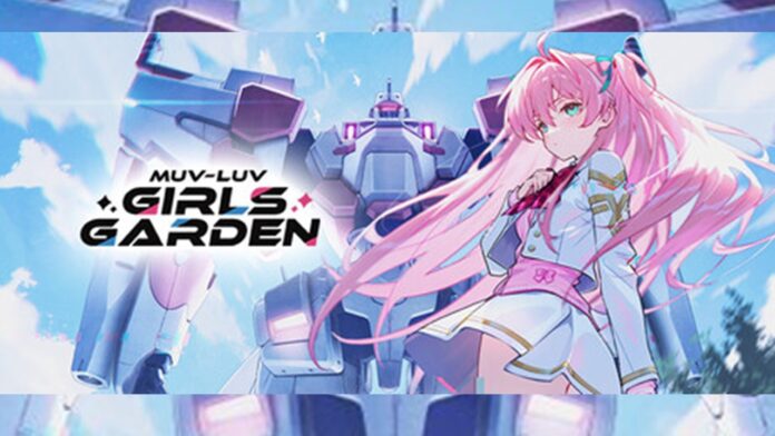featured image for our news on Muv-Luv Girls Garden. It shows an anime-style visual. We see a girl with long pink hair, tied in two ponytails. There's a massive mecha robot behind her.