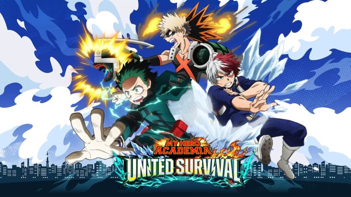 featured image for our news on My Hero Academia: UNITED SURVIVAL. It shows four characters from the game flying in the air and the game's logo right below them.