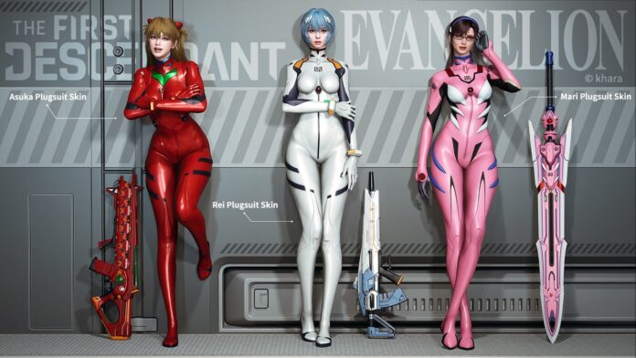 The First Descendant EVANGELION Collaboration featured image for our news on The First Descendant EVANGELION Collaboration. It shows three characters featuring in the collab. They are in red, white and pink suits.
