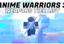 The ONLY Anime Warriors 3 Weapons Tier List You Need! Feature image for our anime warriors 3 weapons tier list showing the back of a player who is flying in the air overlooking future city. On their back is a long Z Sword. The article title in bold black and white in the top