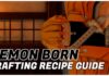 Demon Born Crafting Recipes Guide Feature image for our demon born crafting recipes guide showing zenitsu sideways falling into the infinity castle. On the left in the gap is the article title in bold black and white.