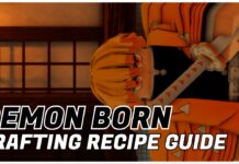 Demon Born Crafting Recipes Guide Feature image for our demon born crafting recipes guide showing zenitsu sideways falling into the infinity castle. On the left in the gap is the article title in bold black and white.