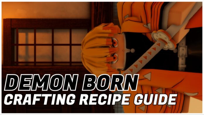 Feature image for our demon born crafting recipes guide showing zenitsu sideways falling into the infinity castle. On the left in the gap is the article title in bold black and white.