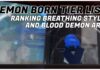 Demon Born Tier List – Breathing and Demon Arts Rankings! Feature image for our demon born tier list showing a player crouched in white bandages inside of a home. Surrounding them is a gust of wind. In the top corner is the article title in bold black and white.