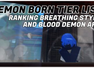 Demon Born Tier List – Breathing and Demon Arts Rankings! Feature image for our demon born tier list showing a player crouched in white bandages inside of a home. Surrounding them is a gust of wind. In the top corner is the article title in bold black and white.