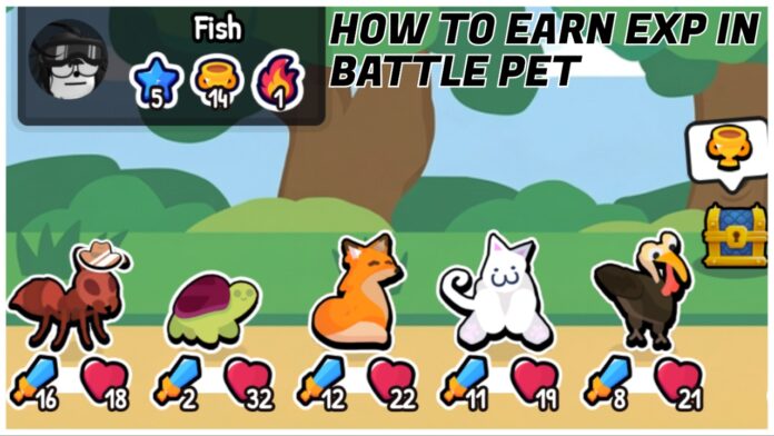 how-to-earn-exp-in-battle-pet-roblox Feature image for our how to earn exp in battle pet guide showing a players selection of pets ready to enter a battle with a chest reward