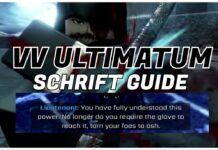 How To Get Schrift in VV ULTIMATUM – Including Letzt Stil! Feature image for our how to get schrift in vv ultimatum guide, showing the thor boss behind white and black lettering of the article title. At the bottom is a screenshot of the lieutenant talking when the player gains schrift.